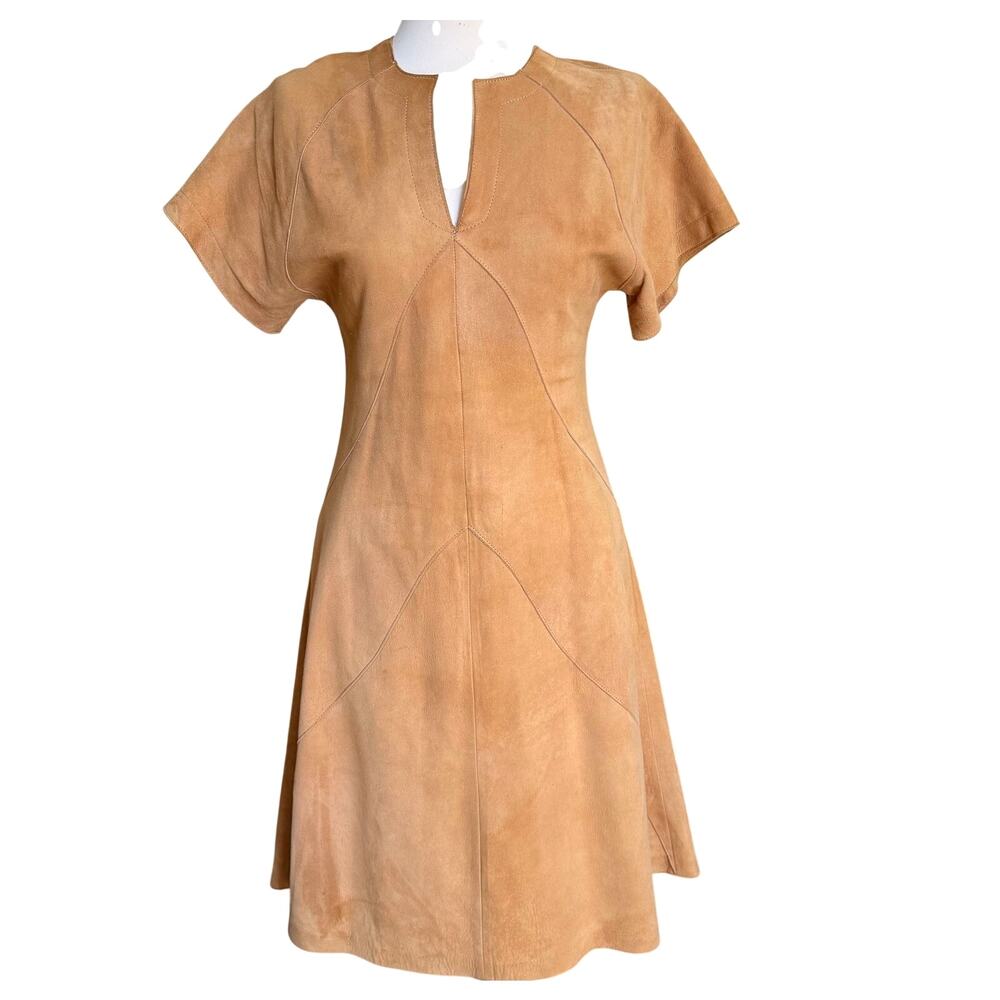 VTG 60s Sax Palm Springs Tan Suede Leather Mod A-Line Dress 10 4 6 Boho Western